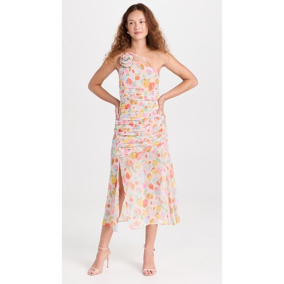 For Love & Lemons NWT Desmona One-Shoulder Tulip Floral Midi Dress Ruched XS - Picture 15 of 16